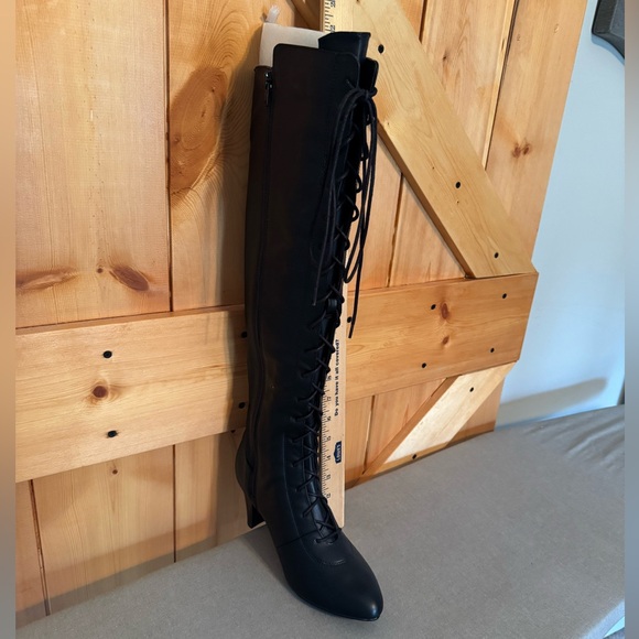 Women's Black above the Knee-High wide calf Lace-Up Boots - Picture 1 of 5